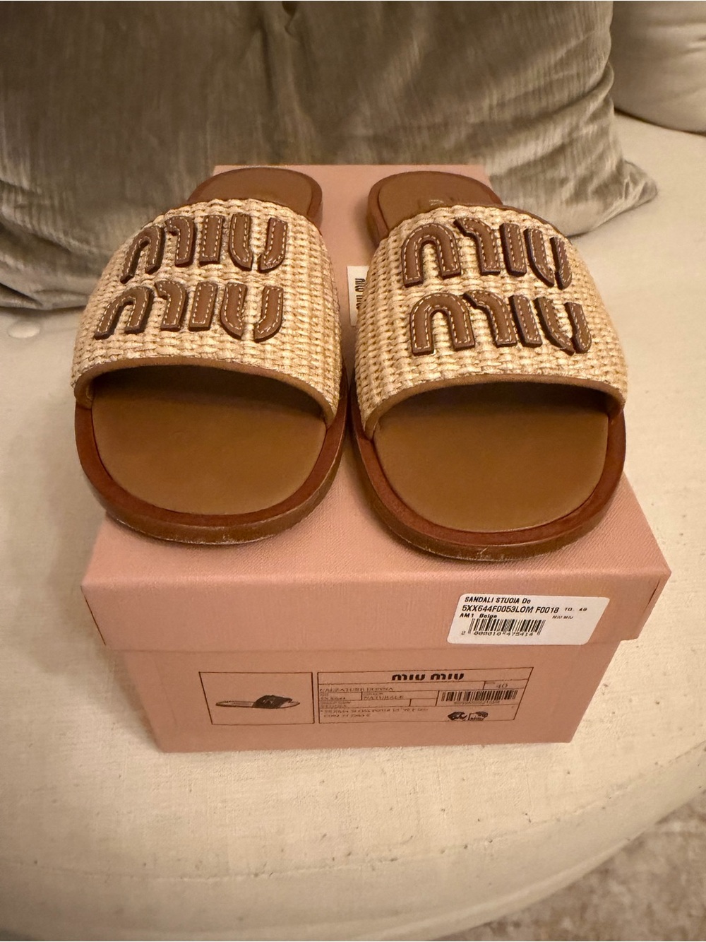 Miu Miu Woven Raffia Logo Slide Sandals in Natural and Tan